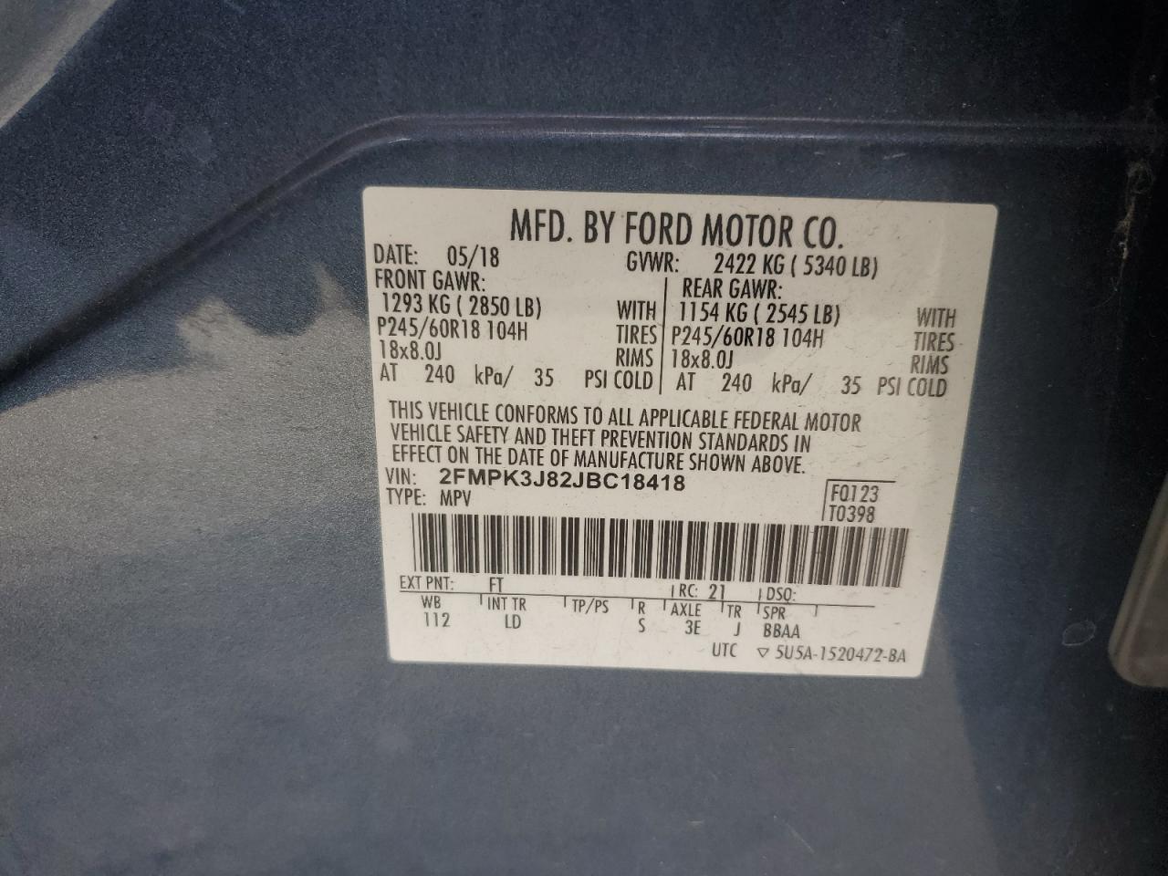 2018 Ford Edge Sel VIN: 2FMPK3J82JBC18418 Lot: 57429255
