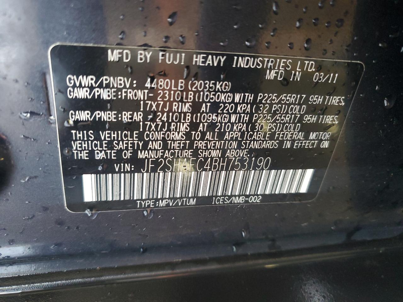 2011 Subaru Forester Limited VIN: JF2SHAFC4BH753190 Lot: 57217885