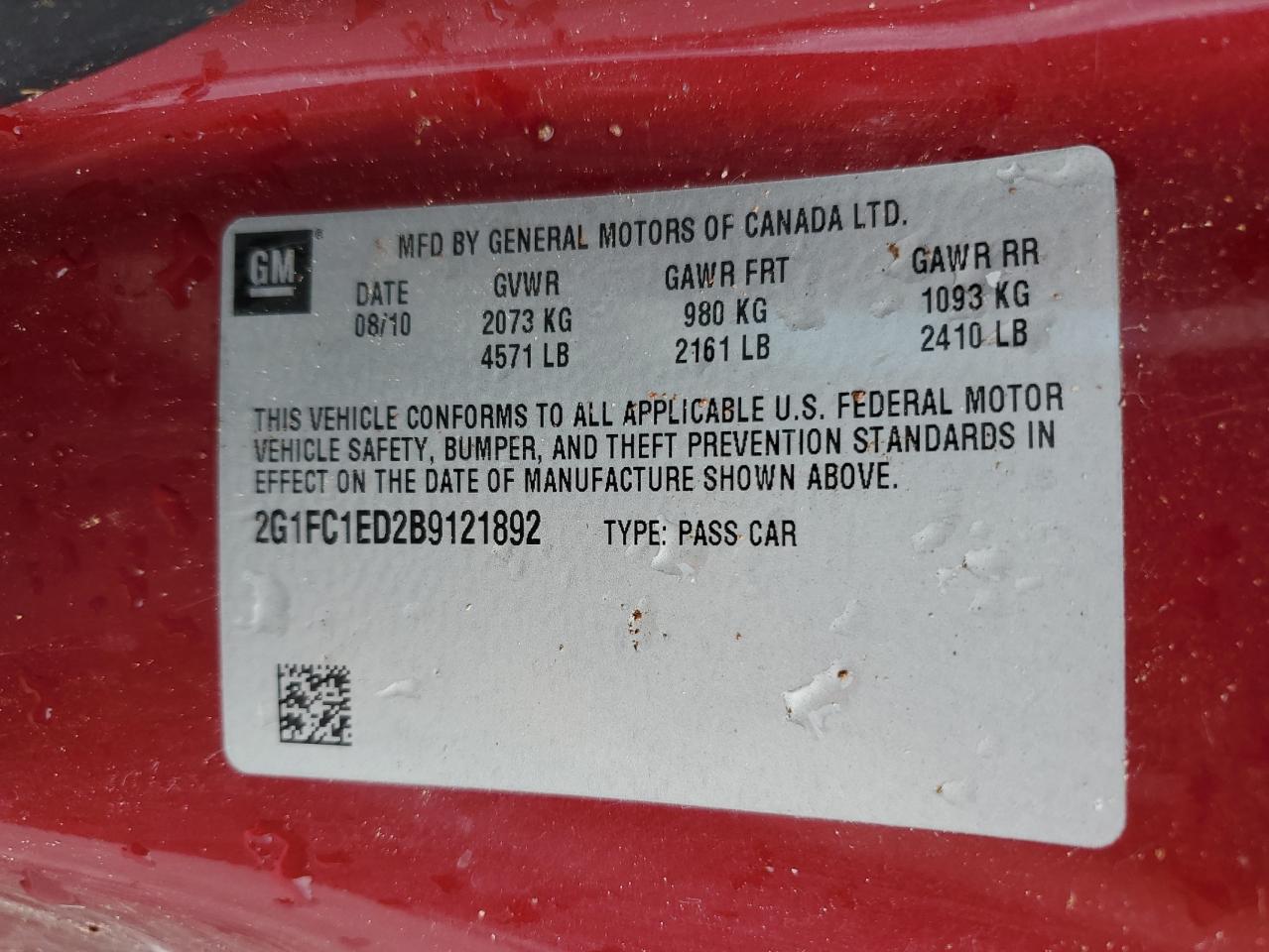 2011 Chevrolet Camaro Lt VIN: 2G1FC1ED2B9121892 Lot: 56714725