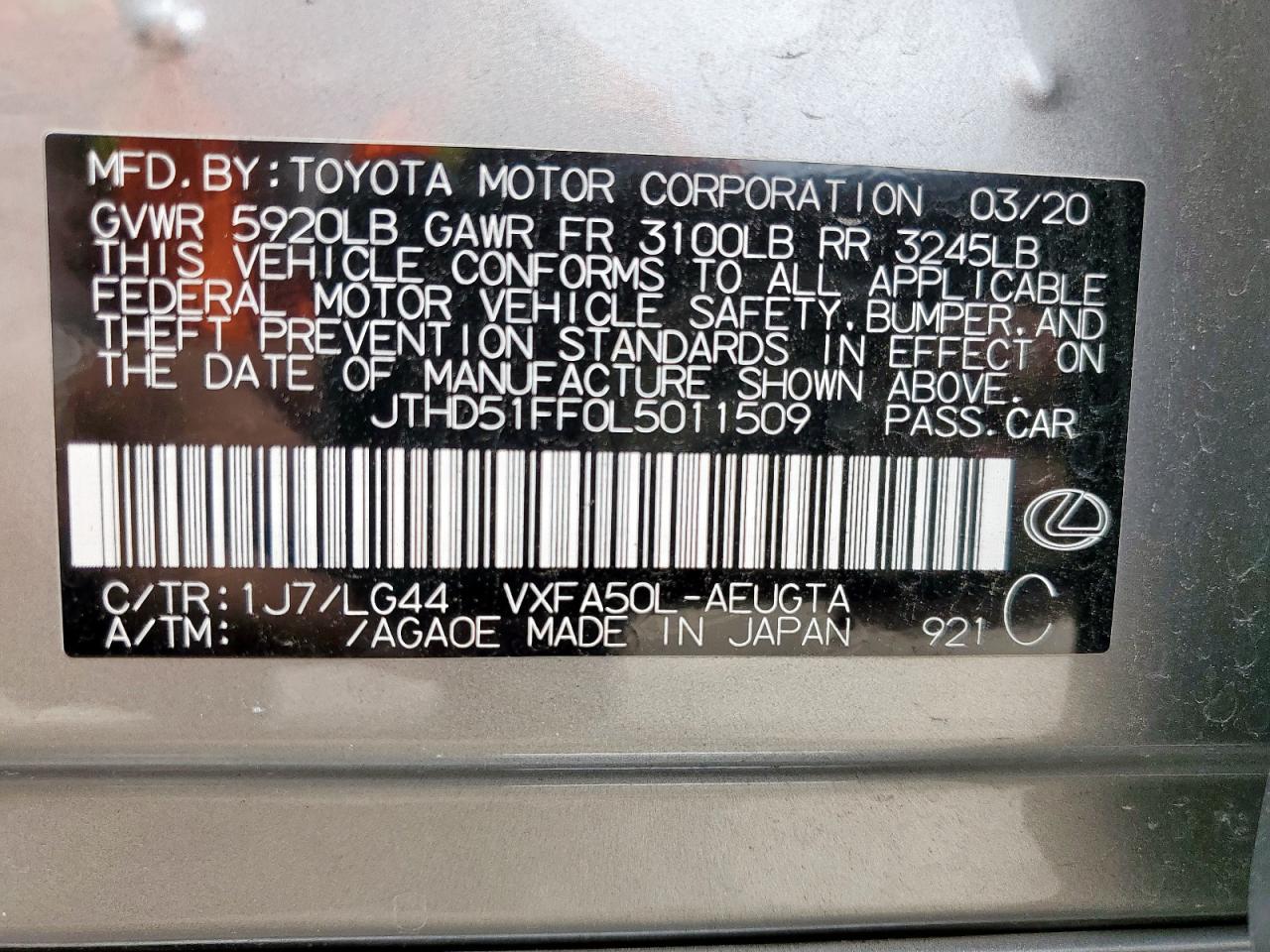 2020 Lexus Ls 500 Base VIN: JTHD51FF0L5011509 Lot: 56854095