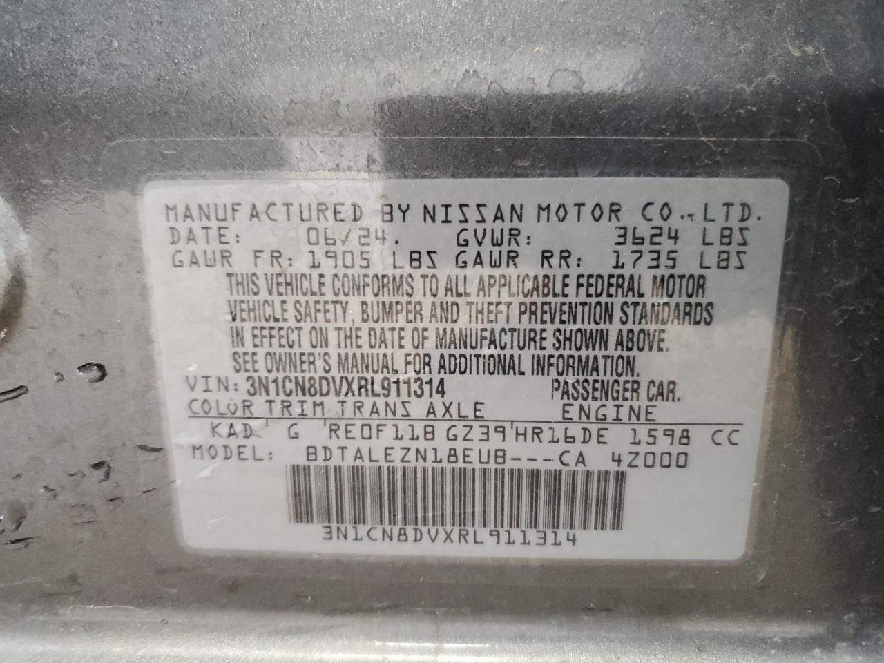 2024 Nissan Versa S VIN: 3N1CN8DVXRL911314 Lot: 55536715