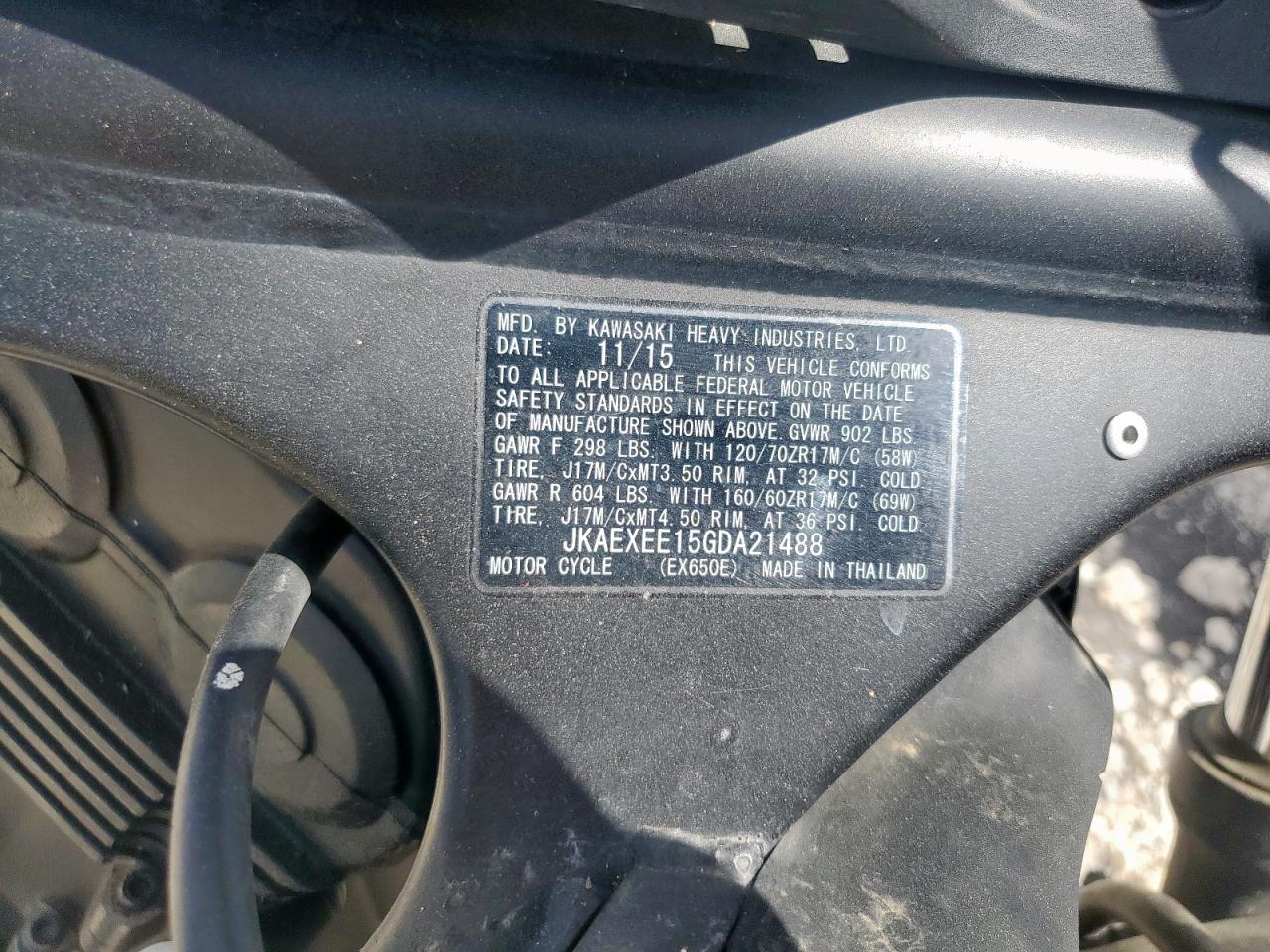 2016 Kawasaki Ex650 E VIN: JKAEXEE15GDA21488 Lot: 57879905