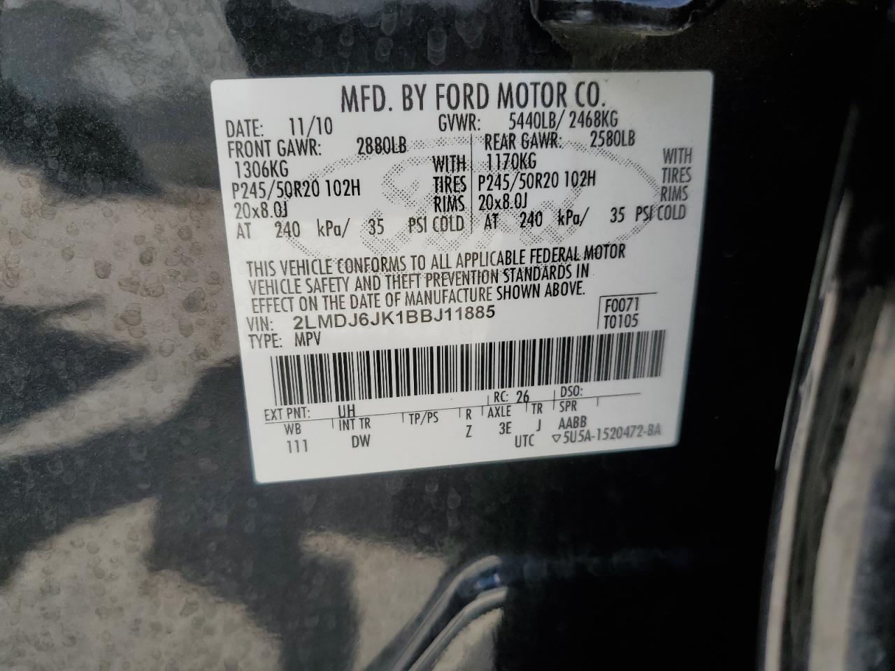 2011 Lincoln Mkx VIN: 2LMDJ6JK1BBJ11885 Lot: 56799455