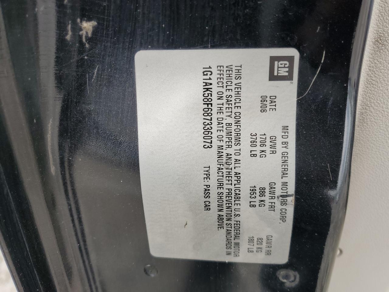 2008 Chevrolet Cobalt Ls VIN: 1G1AK58F687336073 Lot: 55754825