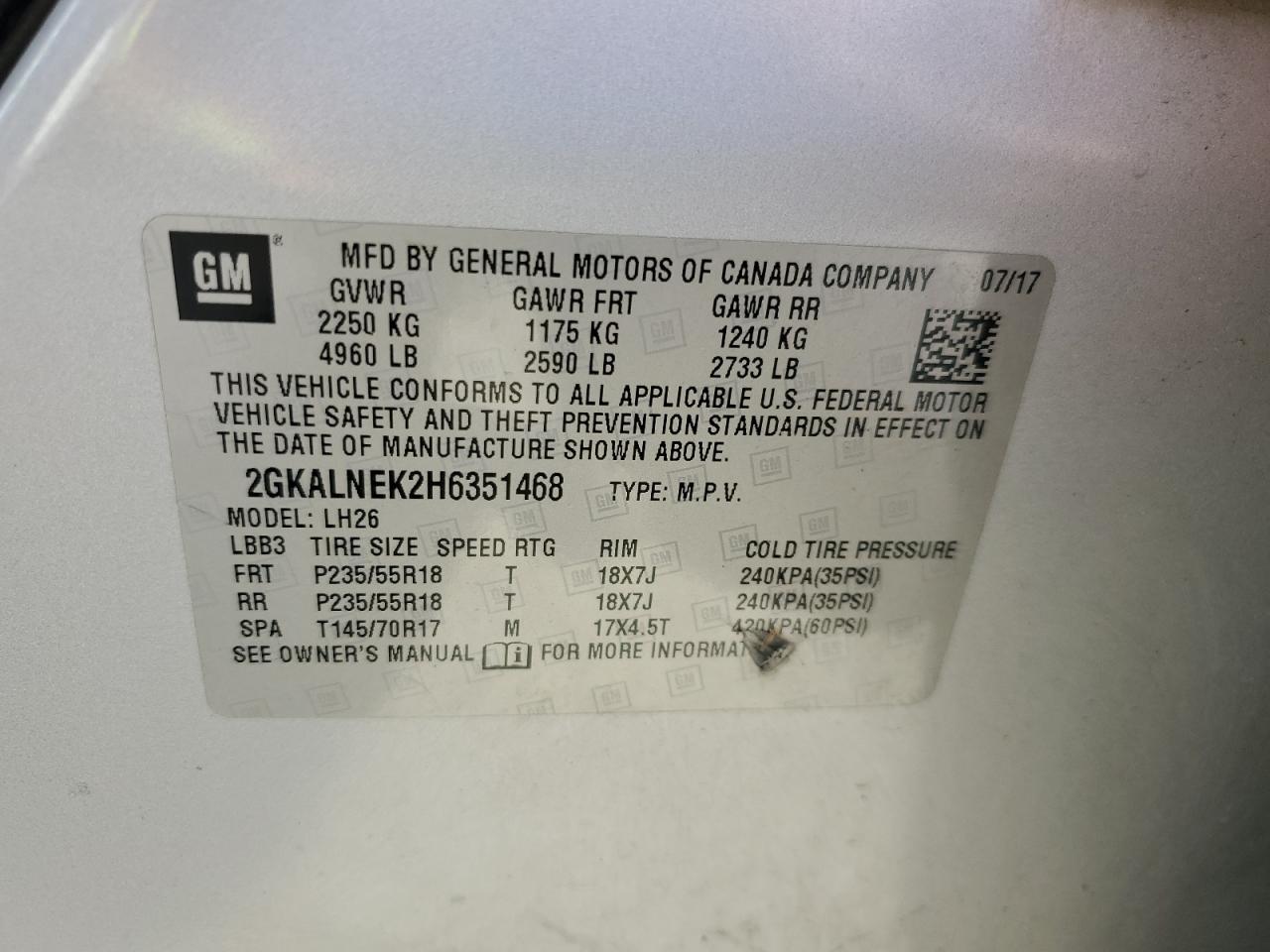 2017 GMC Terrain Sle VIN: 2GKALNEK2H6351468 Lot: 56883455