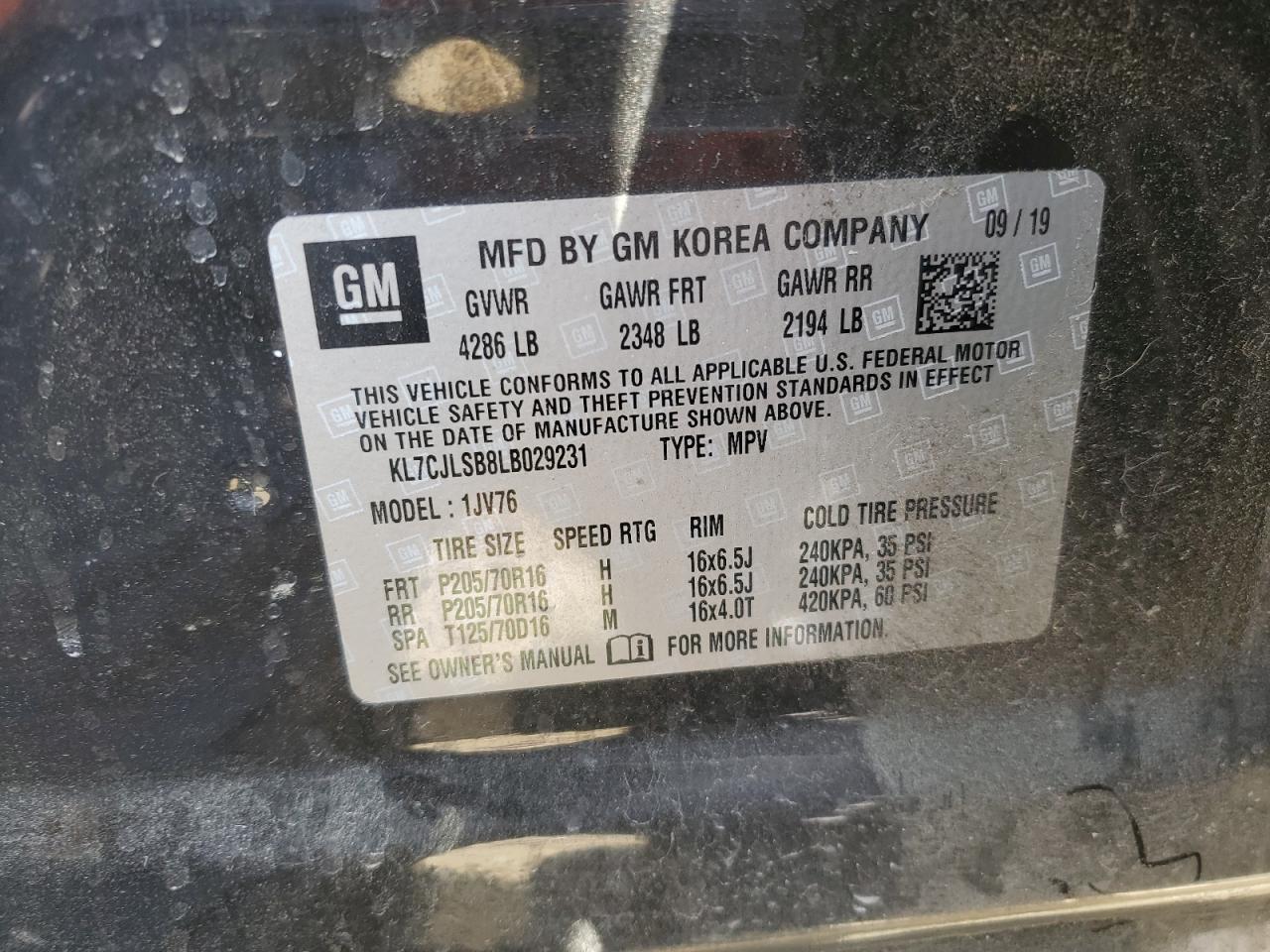 2020 Chevrolet Trax 1Lt VIN: KL7CJLSB8LB029231 Lot: 56429955