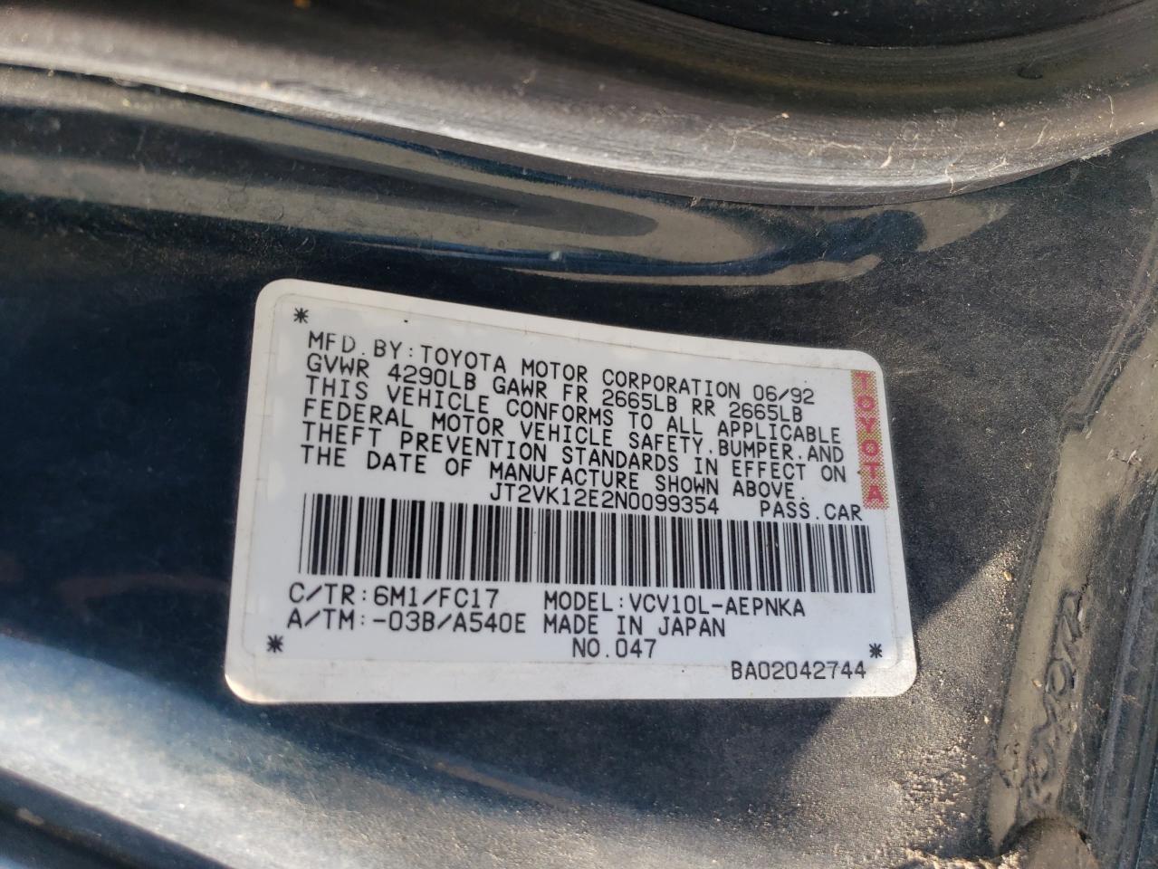 1992 Toyota Camry Le VIN: JT2VK12E2N0099354 Lot: 55098155