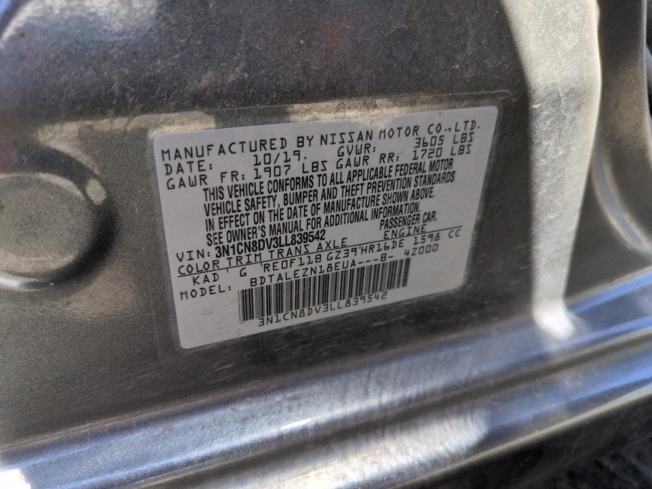2020 Nissan Versa S VIN: 3N1CN8DV3LL839542 Lot: 57350285