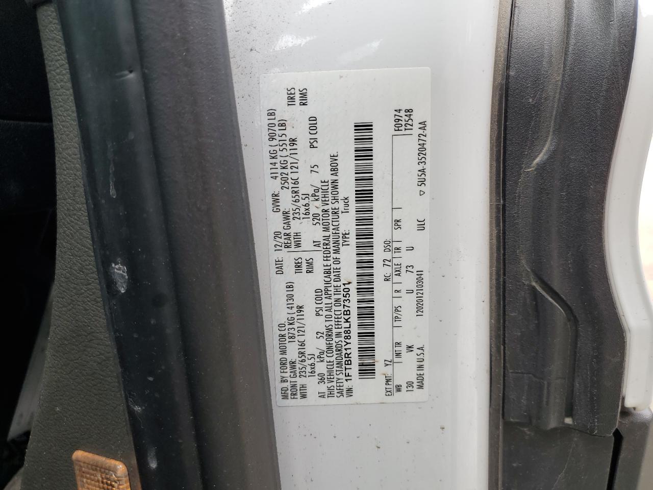 2020 Ford Transit T-250 VIN: 1FTBR1Y88LKB73501 Lot: 56483325