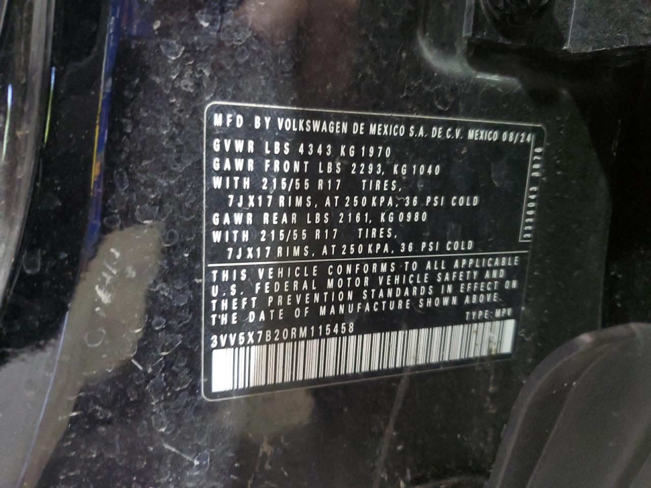 2024 Volkswagen Taos S VIN: 3VV5X7B20RM115458 Lot: 55429005