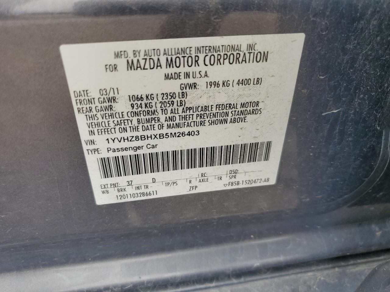 2011 Mazda 6 I VIN: 1YVHZ8BHXB5M26403 Lot: 56934355