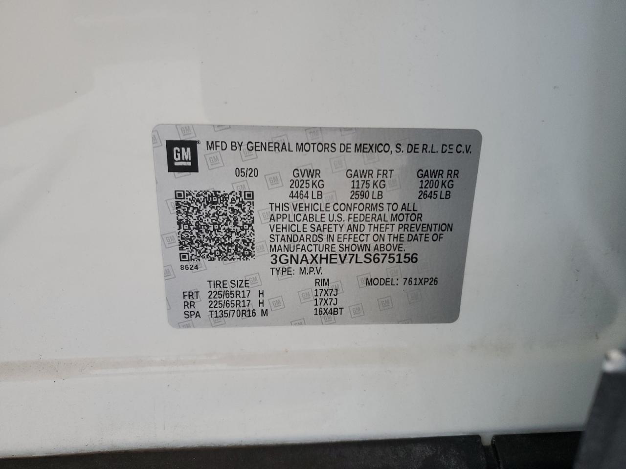 2020 Chevrolet Equinox Ls VIN: 3GNAXHEV7LS675156 Lot: 58438465