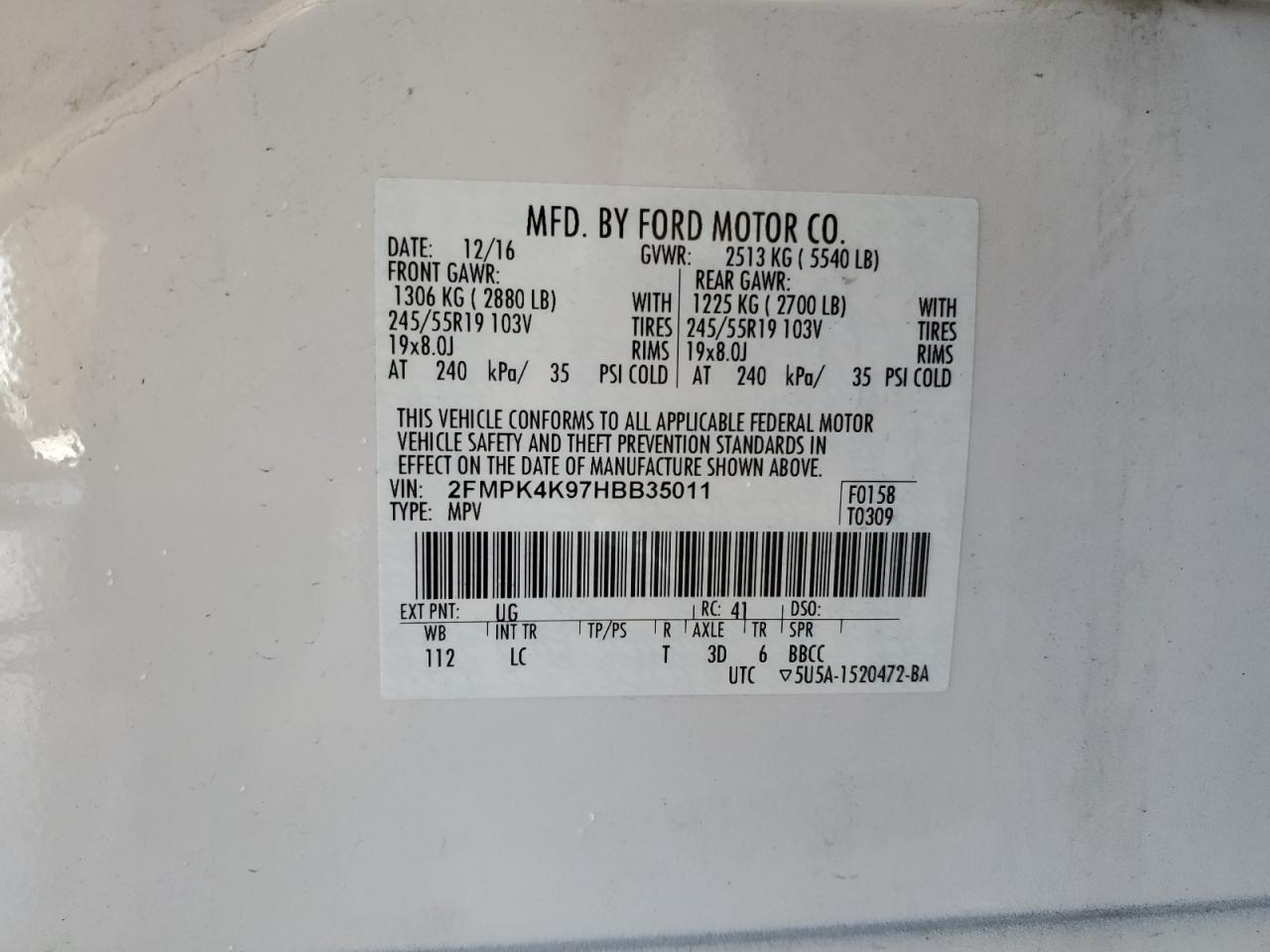 2017 Ford Edge Titanium VIN: 2FMPK4K97HBB35011 Lot: 56633005