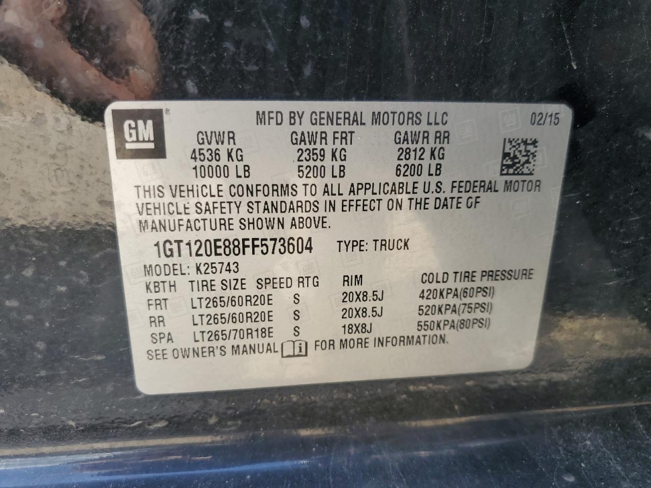 2015 GMC Sierra K2500 Denali VIN: 1GT120E88FF573604 Lot: 56677985