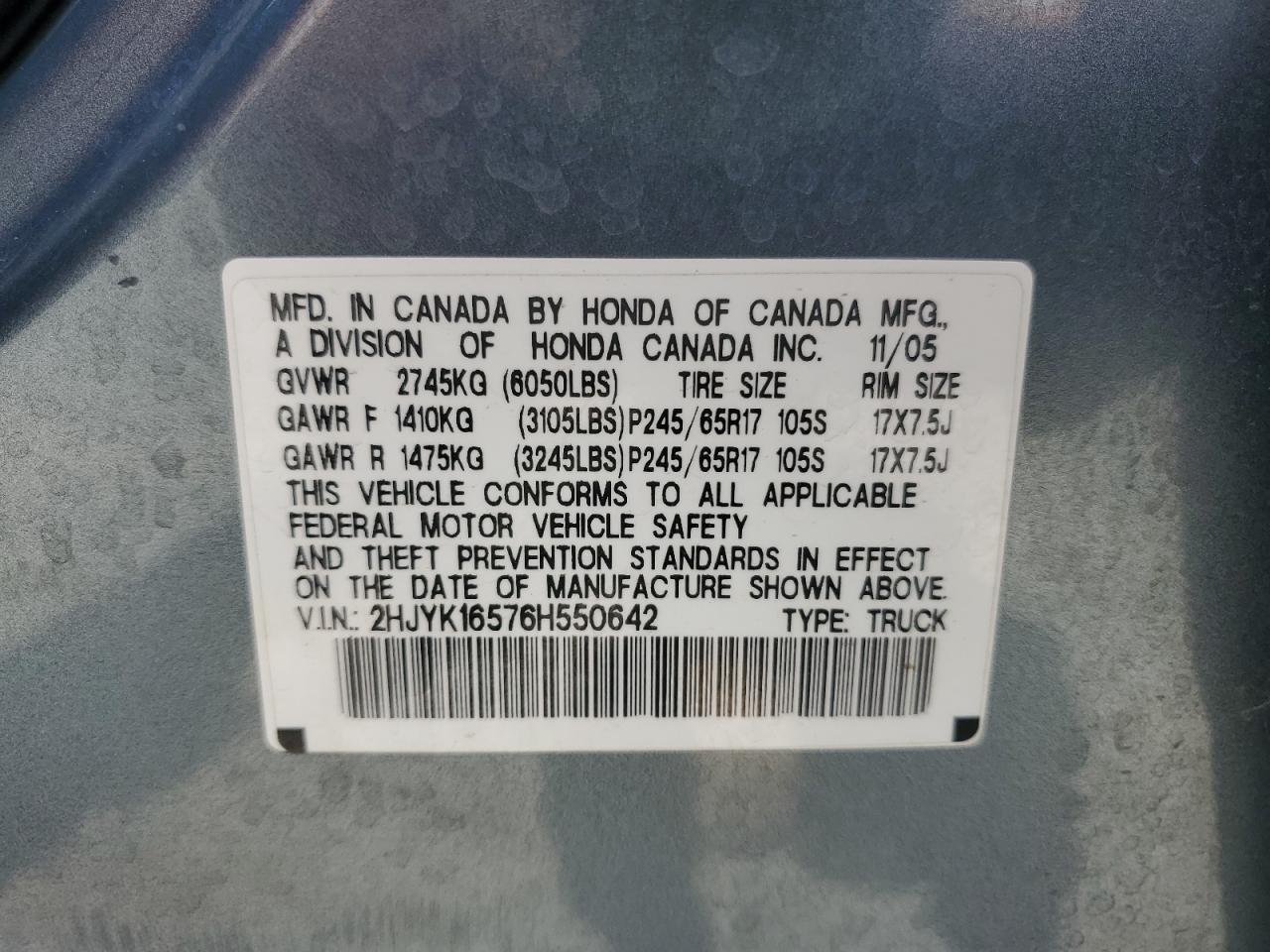 2006 Honda Ridgeline Rtl VIN: 2HJYK16576H550642 Lot: 56153455