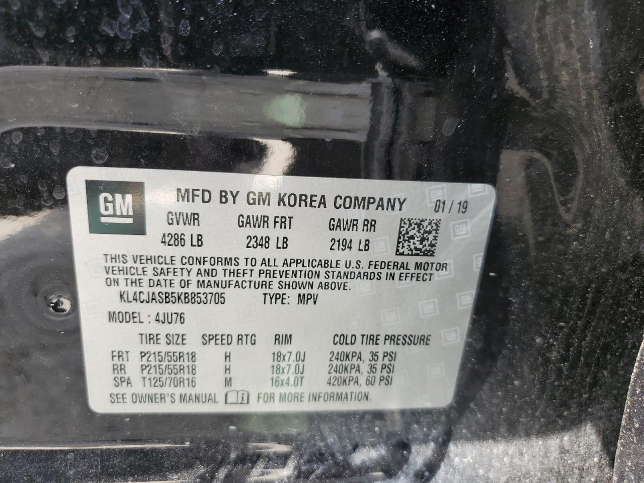 2019 Buick Encore Preferred VIN: KL4CJASB5KB853705 Lot: 56534975