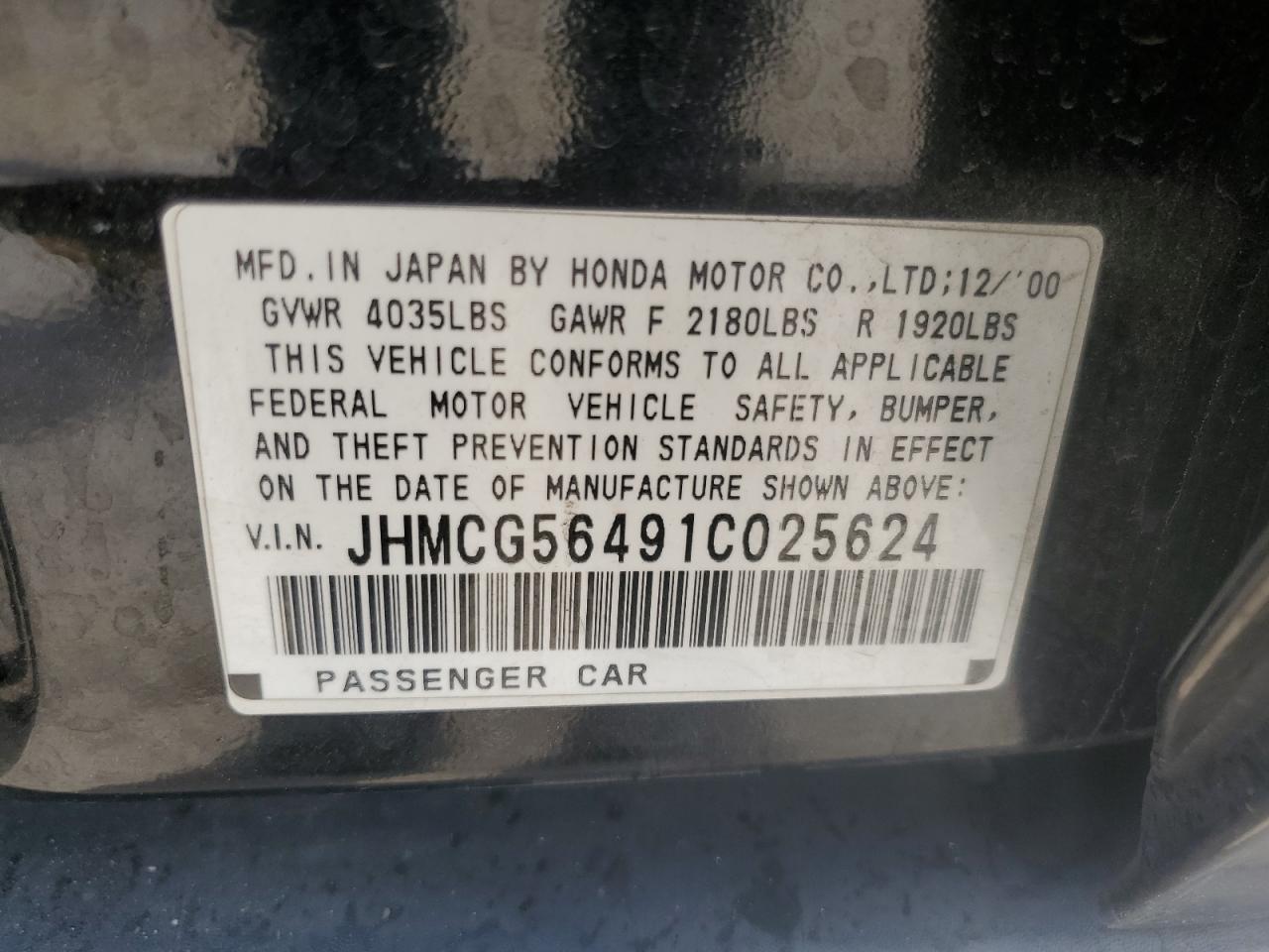 2001 Honda Accord Lx VIN: JHMCG56491C025624 Lot: 58601755
