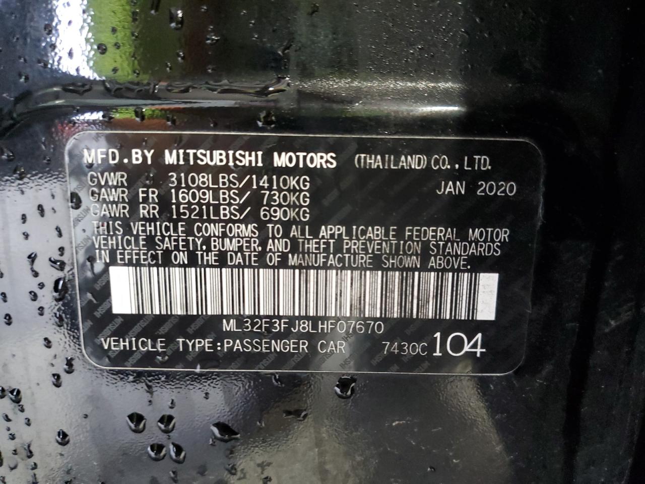2020 Mitsubishi Mirage G4 Es VIN: ML32F3FJ8LHF07670 Lot: 56540595