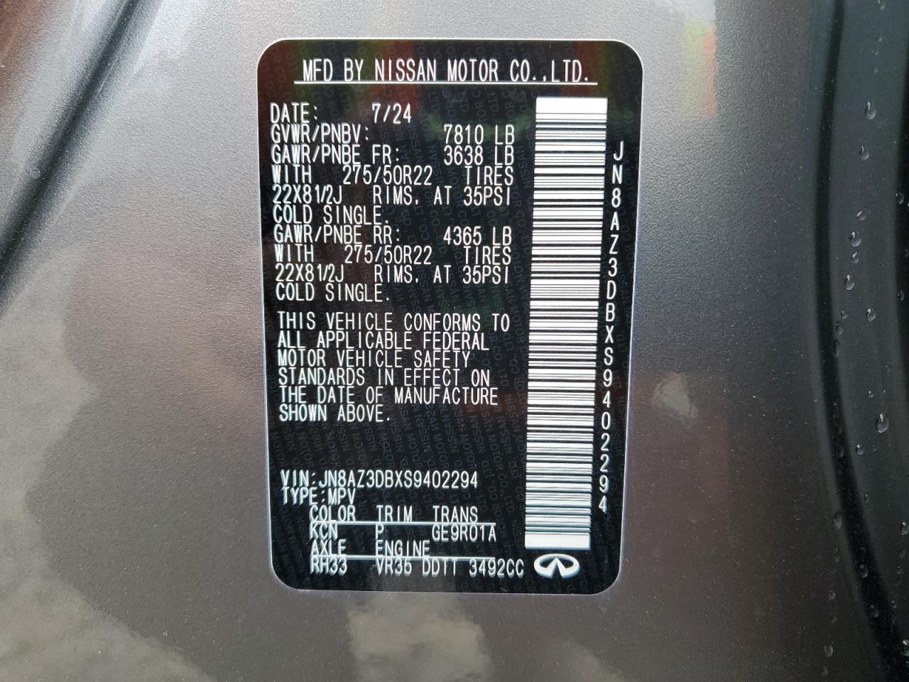 2025 Infiniti Qx80 Sensory VIN: JN8AZ3DBXS9402294 Lot: 58034695
