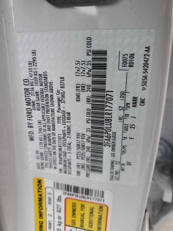 2020 Ford Fusion Se VIN: 3FA6P0LU8LR177071 Lot: 54042675