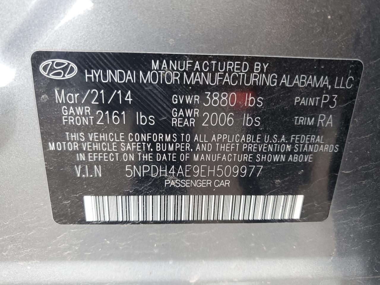 2014 Hyundai Elantra Se VIN: 5NPDH4AE9EH509977 Lot: 56965625