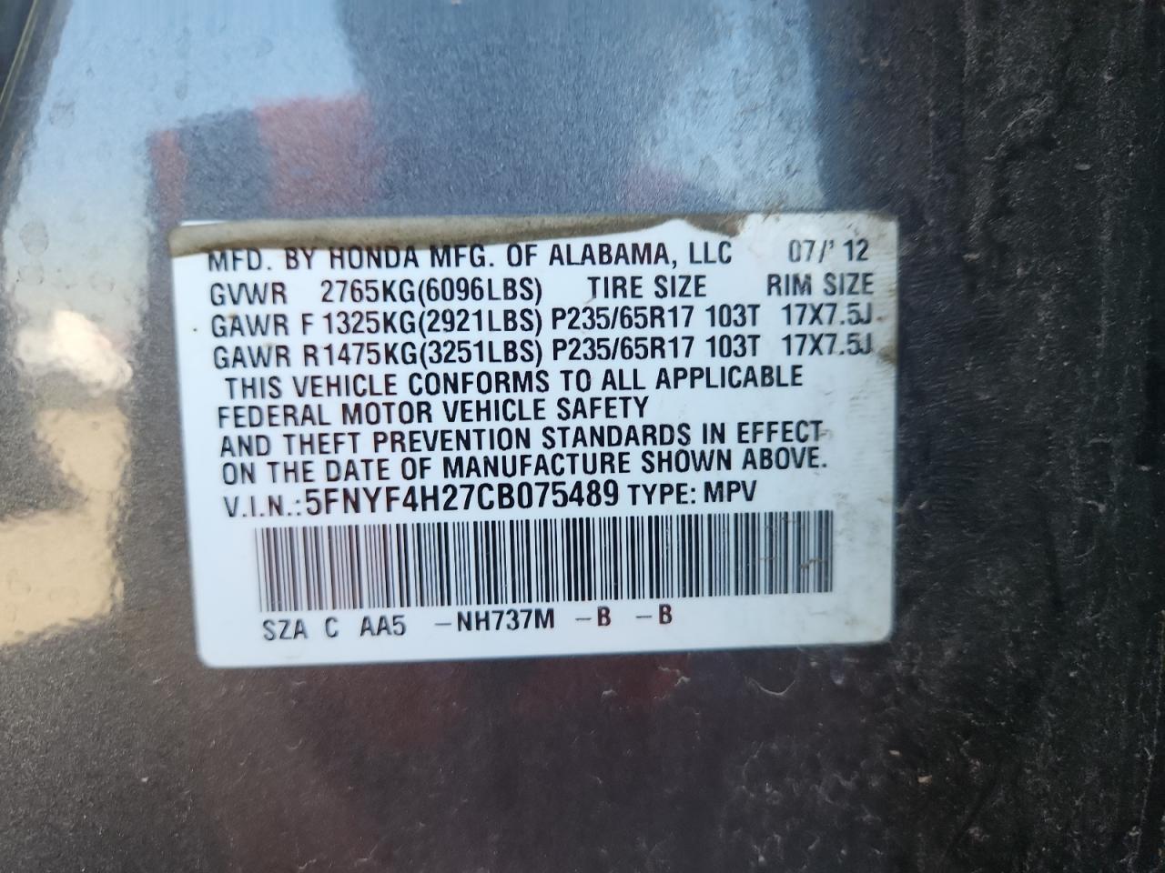 2012 Honda Pilot Lx VIN: 5FNYF4H27CB075489 Lot: 58254775