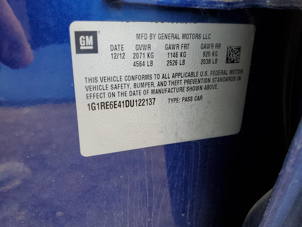 2013 Chevrolet Volt VIN: 1G1RE6E41DU122137 Lot: 54965725