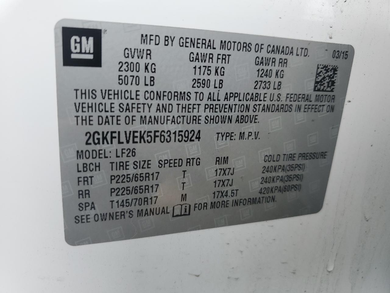2015 GMC Terrain Sle VIN: 2GKFLVEK5F6315924 Lot: 55625665