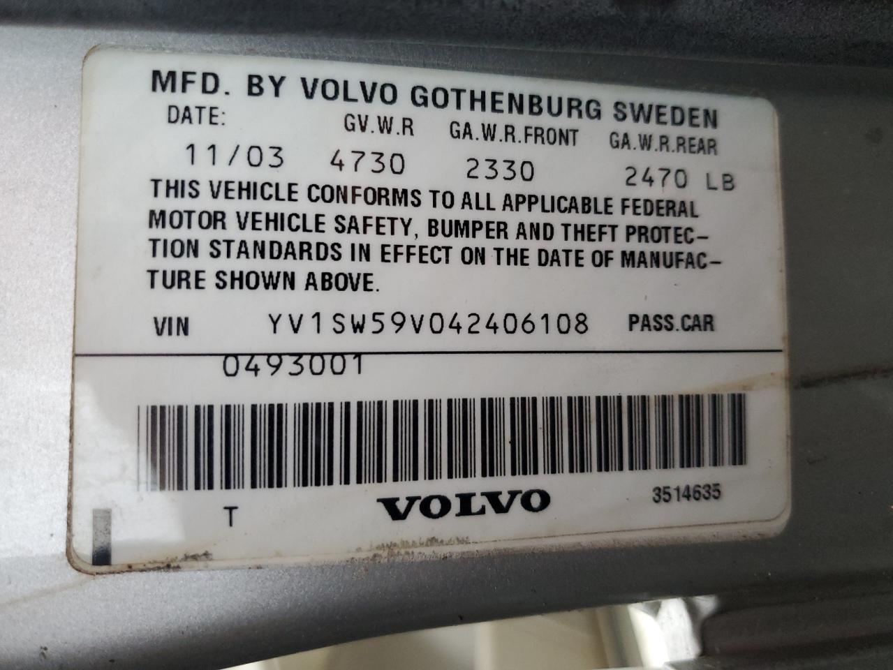 2004 Volvo V70 Fwd VIN: YV1SW59V042406108 Lot: 55232655