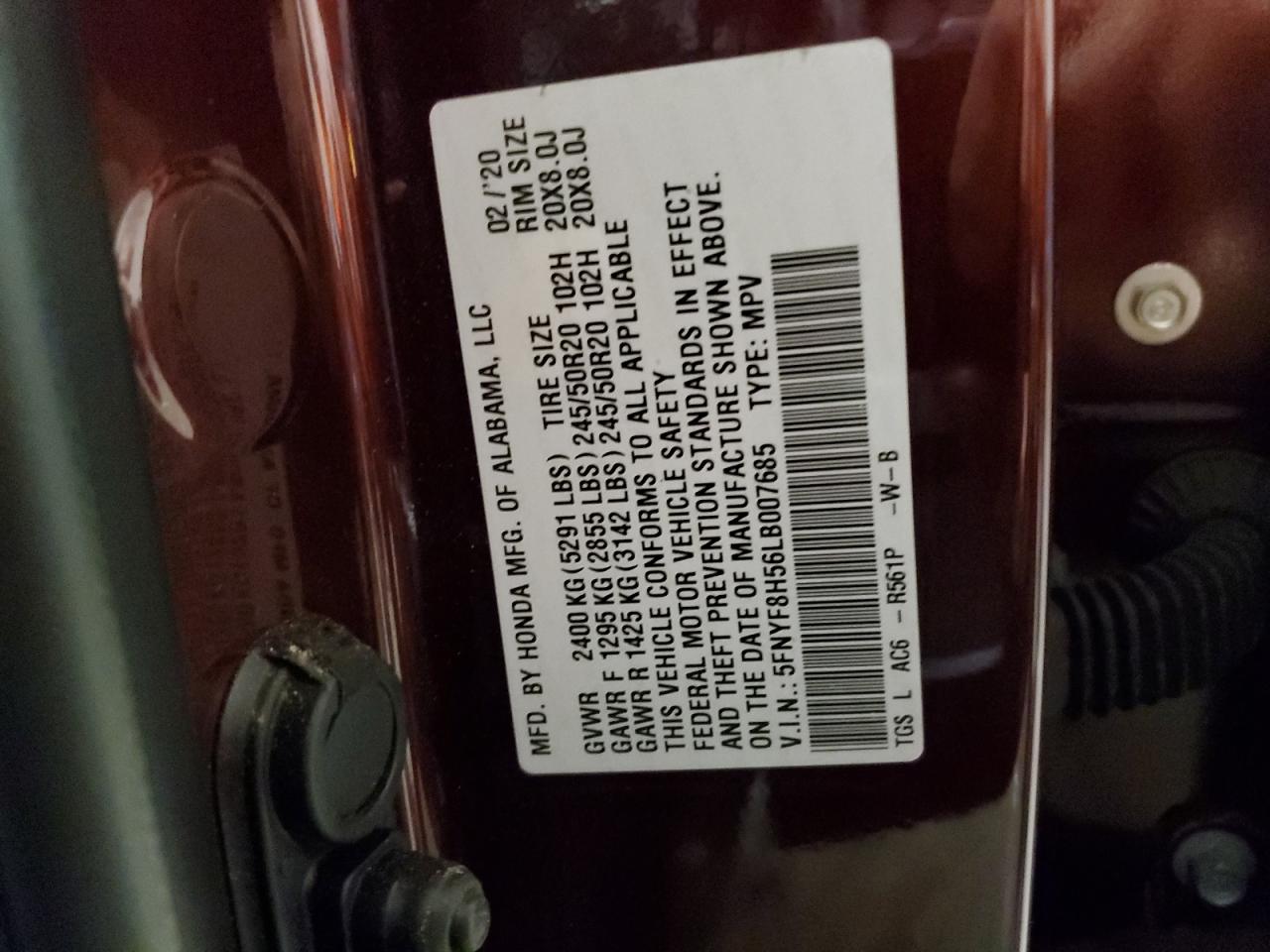 2020 Honda Passport Exl VIN: 5FNYF8H56LB007685 Lot: 57504045