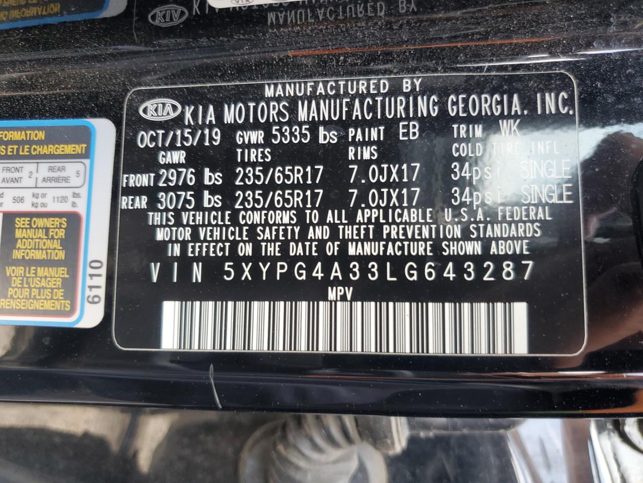 2020 Kia Sorento L VIN: 5XYPG4A33LG643287 Lot: 55151835