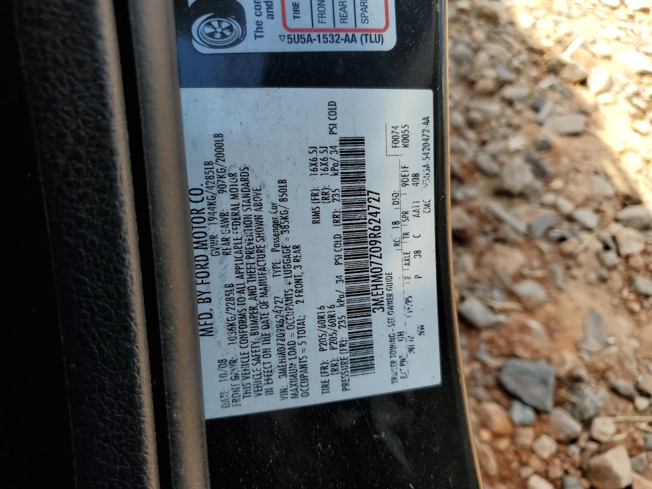 2009 Mercury Milan VIN: 3MEHM07Z09R624727 Lot: 56395555