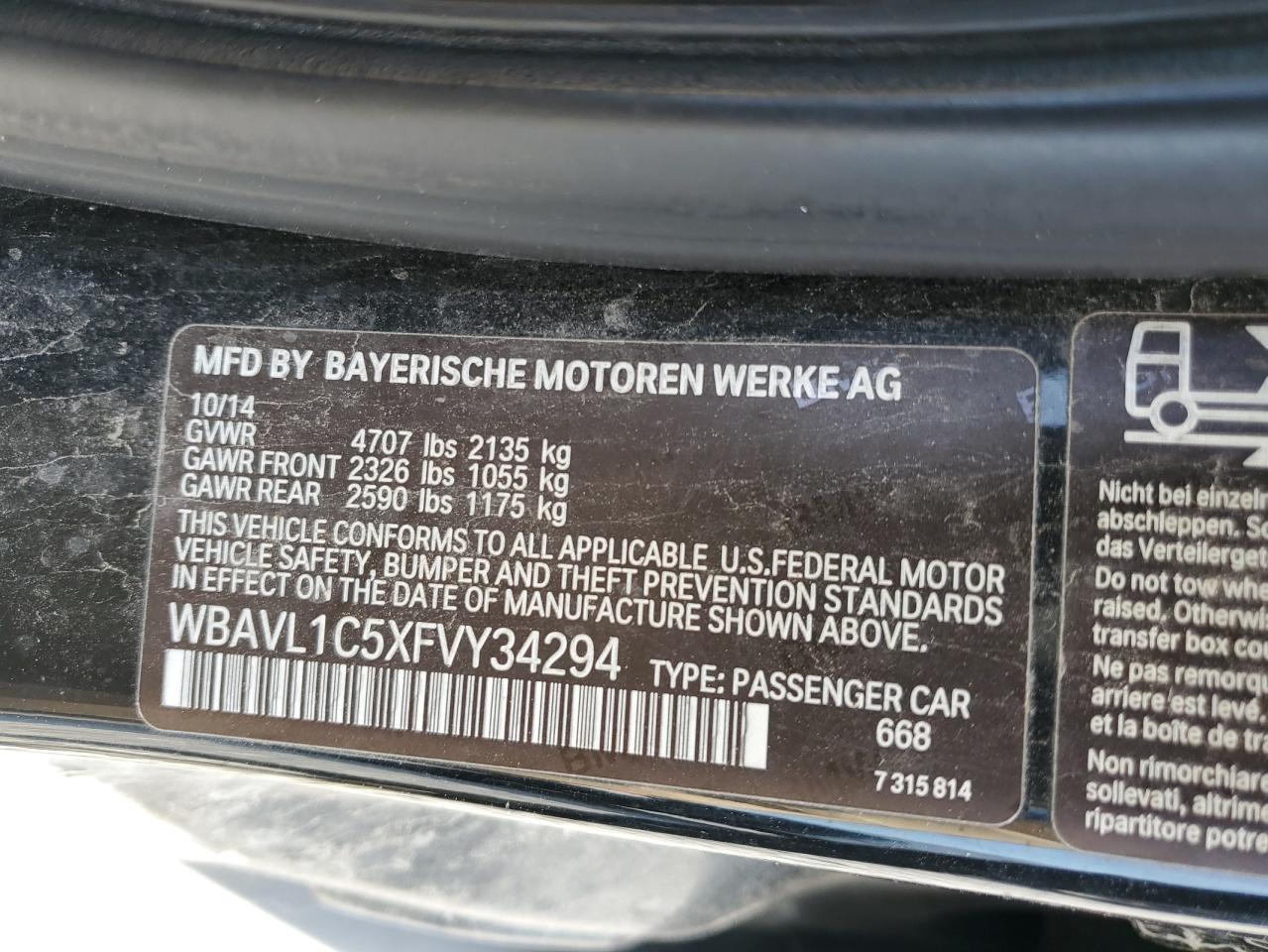 2015 BMW X1 xDrive28I VIN: WBAVL1C5XFVY34294 Lot: 56954195
