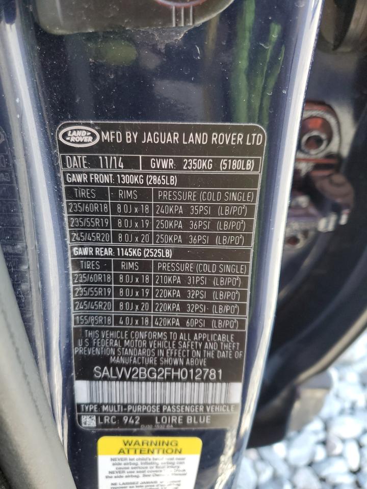 2015 Land Rover Range Rover Evoque Prestige Premium VIN: SALVV2BG2FH012781 Lot: 57328405