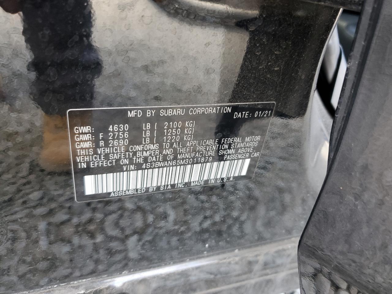 2021 Subaru Legacy Limited VIN: 4S3BWAN65M3011879 Lot: 56496515