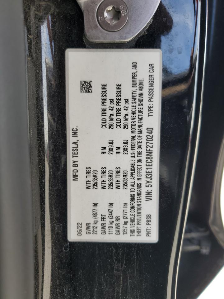 2022 Tesla Model 3 VIN: 5YJ3E1EC8NF270240 Lot: 57073525