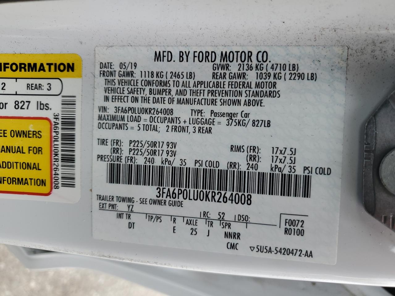 2019 Ford Fusion Se VIN: 3FA6P0LU0KR264008 Lot: 54042665