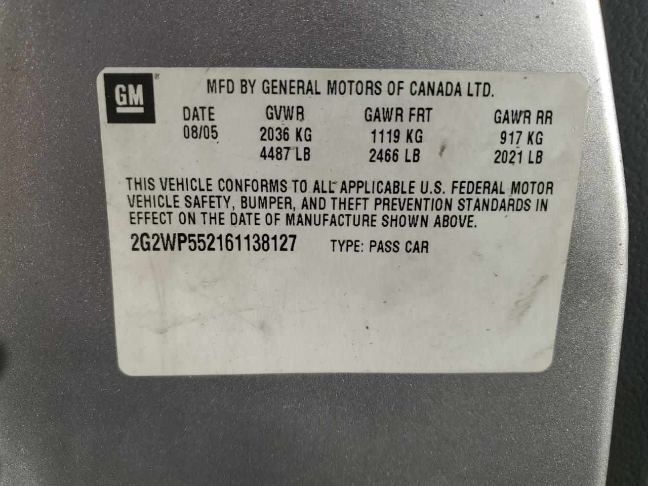 2006 Pontiac Grand Prix VIN: 2G2WP552161138127 Lot: 55696815
