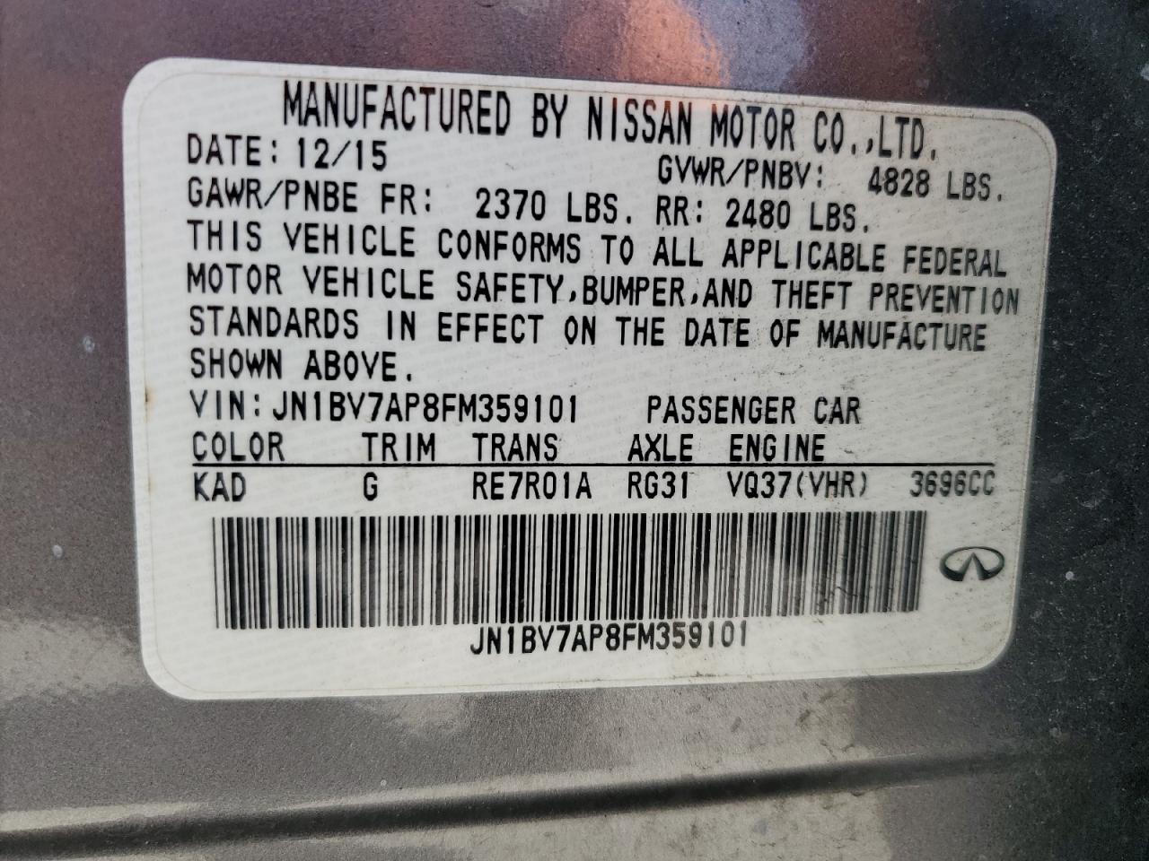 2015 Infiniti Q50 Base VIN: JN1BV7AP8FM359101 Lot: 54844875