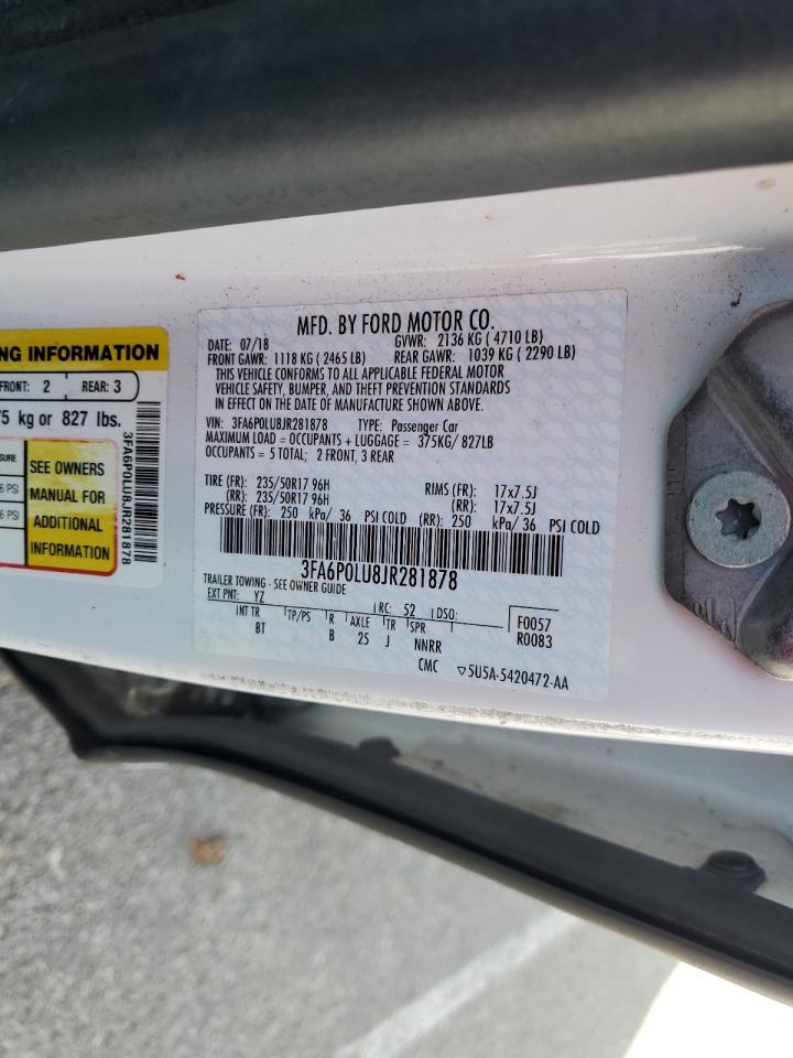 2018 Ford Fusion Se Hybrid VIN: 3FA6P0LU8JR281878 Lot: 54029105