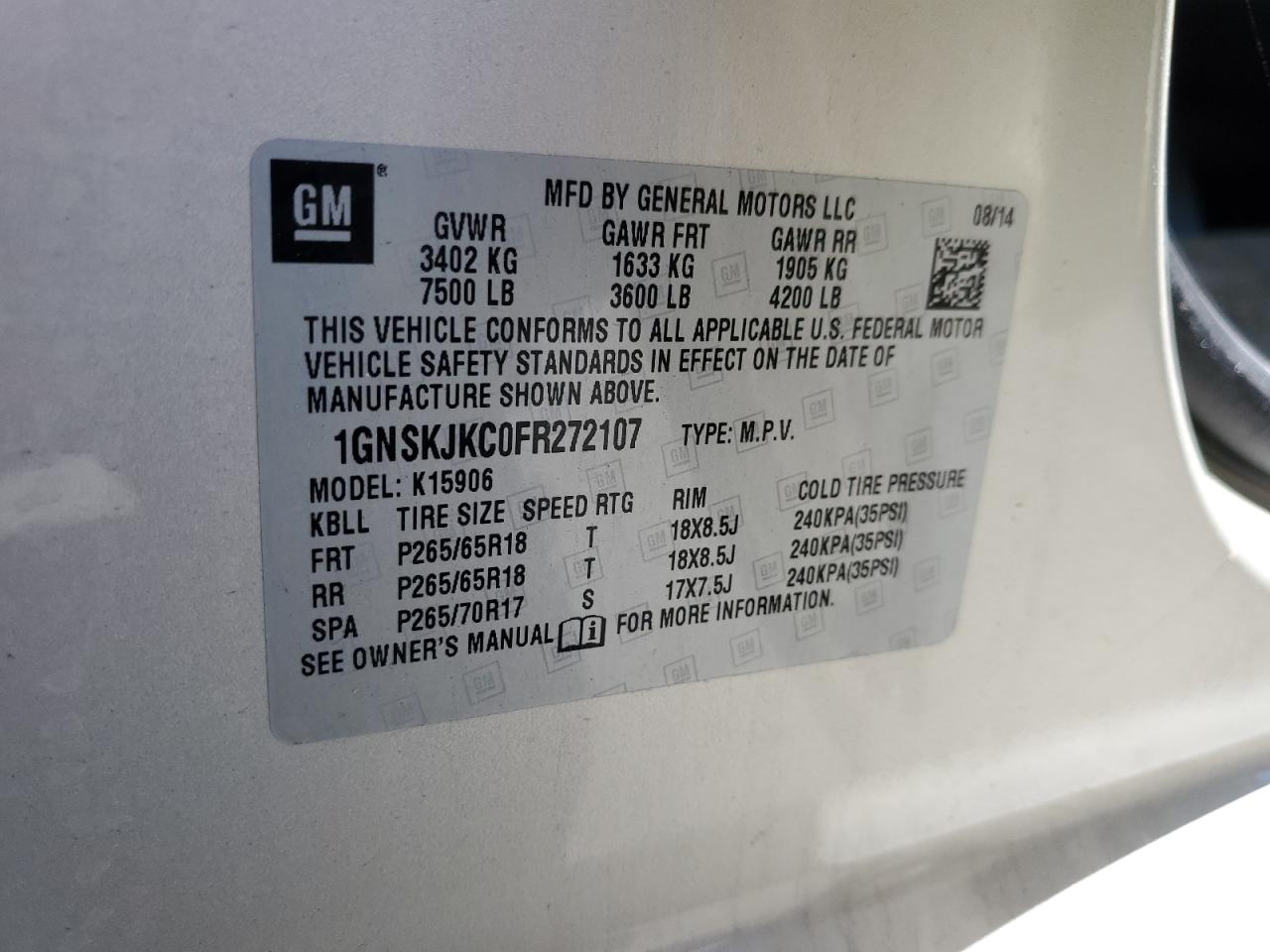2015 Chevrolet Suburban K1500 Lt VIN: 1GNSKJKC0FR272107 Lot: 56006035