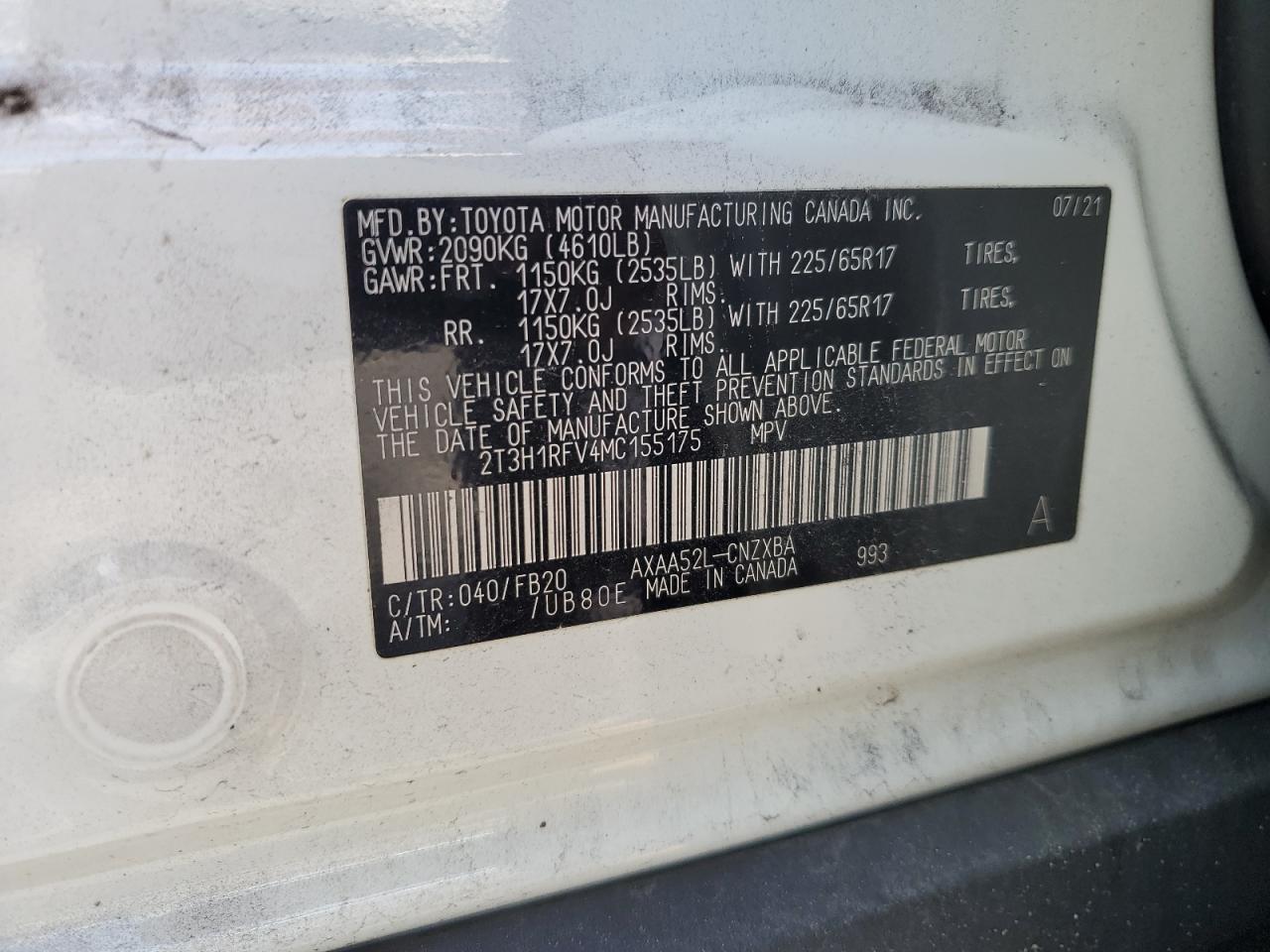 2021 Toyota Rav4 Le VIN: 2T3H1RFV4MC155175 Lot: 57098035