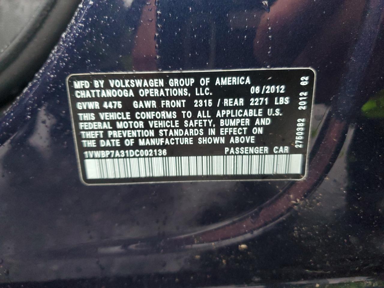 2013 Volkswagen Passat Se VIN: 1VWBP7A31DC002136 Lot: 56889325