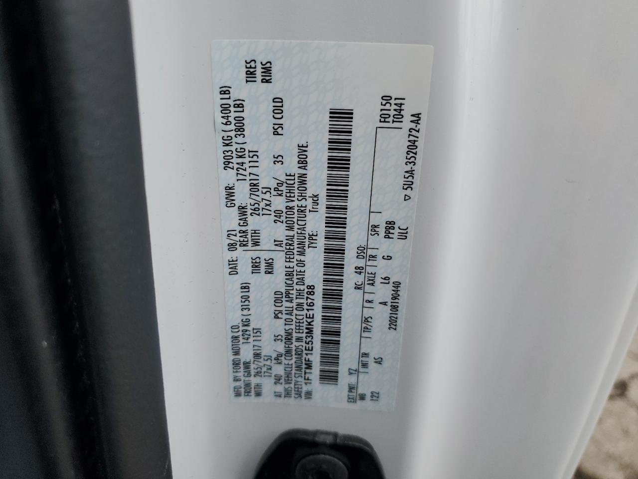 2021 Ford F150 VIN: 1FTMF1E53MKE16788 Lot: 57011155