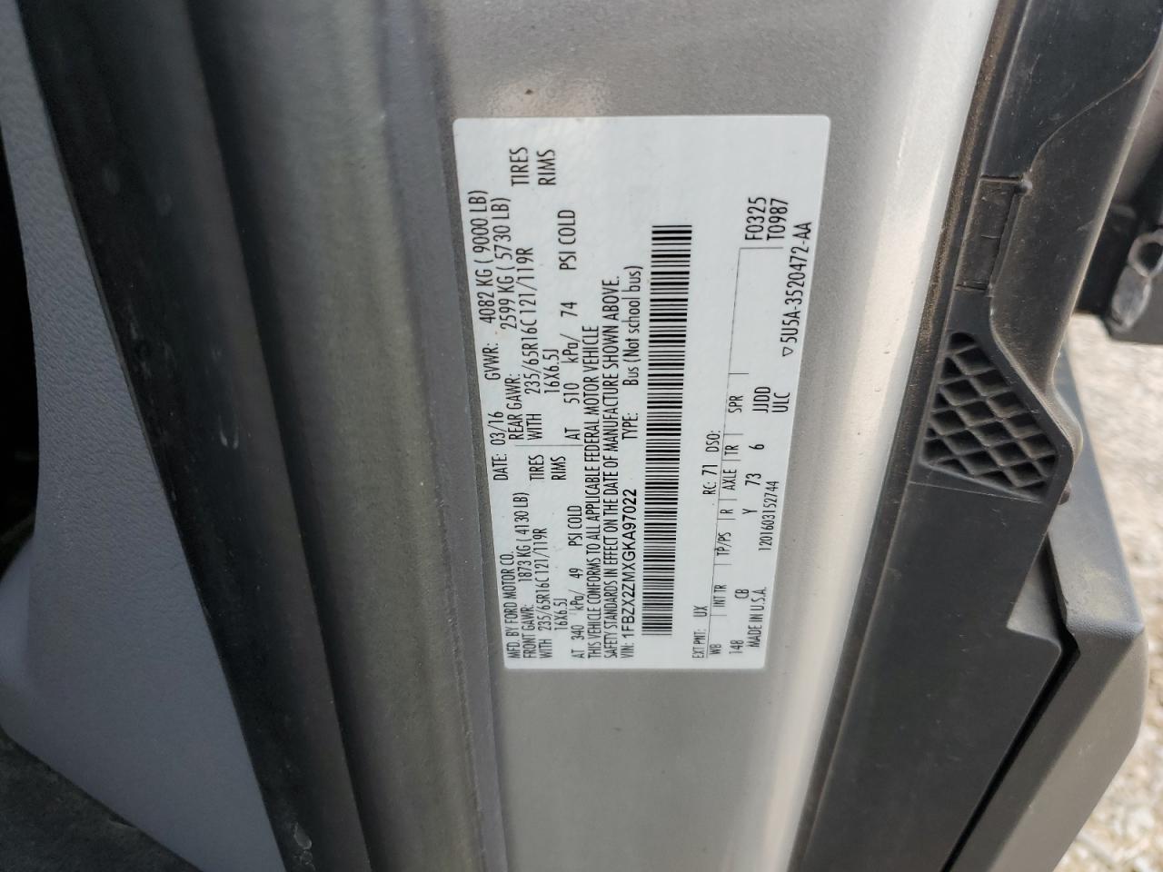 2016 Ford Transit T-350 VIN: 1FBZX2ZMXGKA97022 Lot: 55127215