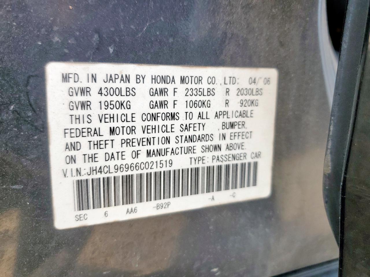 2006 Acura Tsx VIN: JH4CL96966C021519 Lot: 57669635