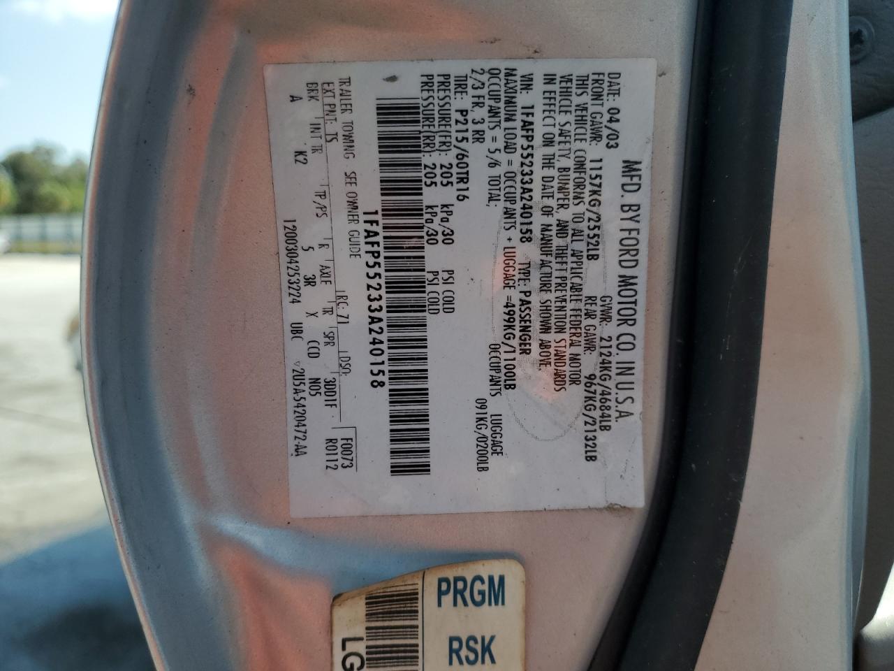 2003 Ford Taurus Ses VIN: 1FAFP55233A240158 Lot: 56400165