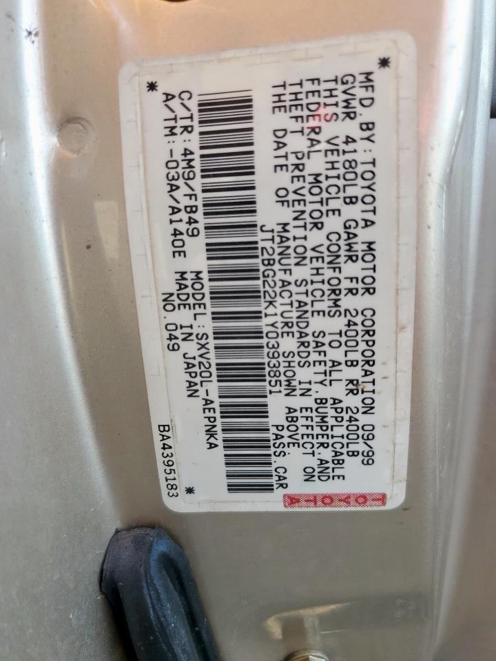 2000 Toyota Camry Ce VIN: JT2BG22K1Y0393851 Lot: 58707525