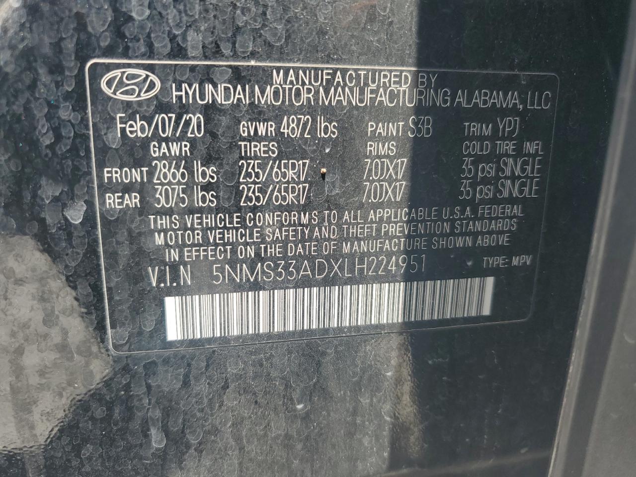 2020 Hyundai Santa Fe Sel VIN: 5NMS33ADXLH224951 Lot: 57387055