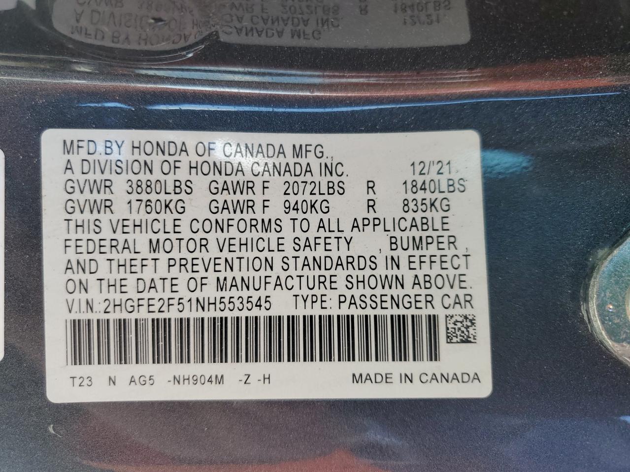 2022 Honda Civic Sport VIN: 2HGFE2F51NH553545 Lot: 57120505